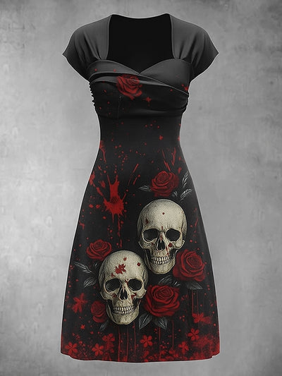 Retro Floral Art Printed Vintage V-Neck Pleated Waist Short Sleeve Midi Dress