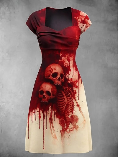 Retro Floral Art Printed Vintage V-Neck Pleated Waist Short Sleeve Midi Dress