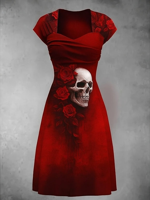 Retro Floral Art Printed Vintage V-Neck Pleated Waist Short Sleeve Midi Dress