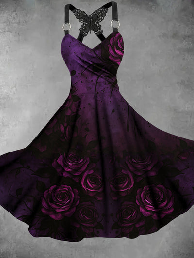 Retro Gothic Skull Floral Art Printed Vintage V-Neck Pleated Butterfly Cross-Wrap Midi Dress