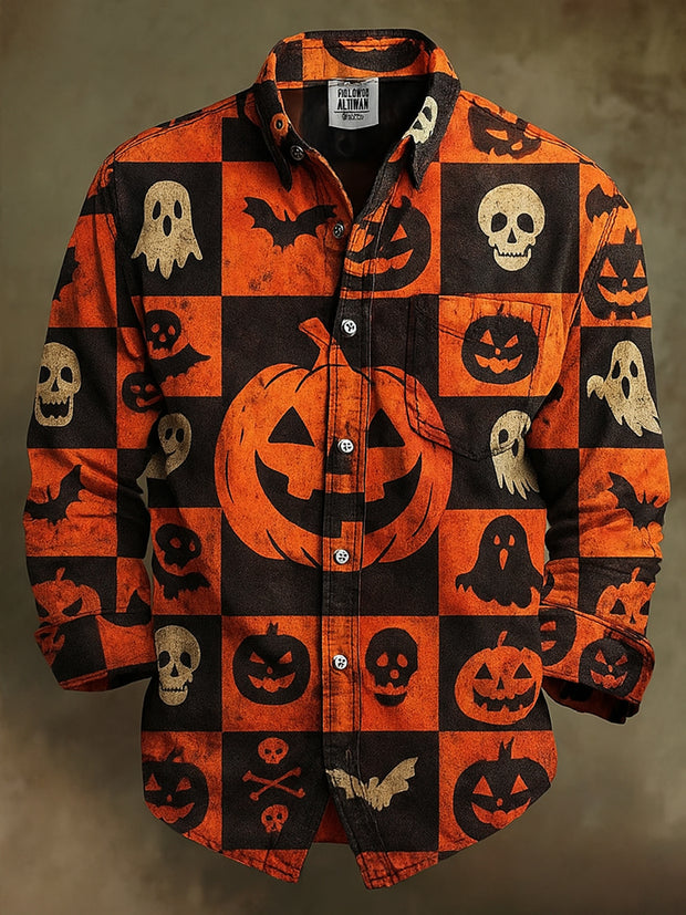 Retro Gothic Skull Halloween Art Abstract Printed Cotton Vintage Casual Cotton Long Sleeve Shirt