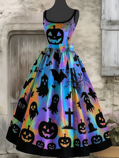 Retro Gothic Floral Art Print V-Neck Sleeveless Cotton Maxi Dress