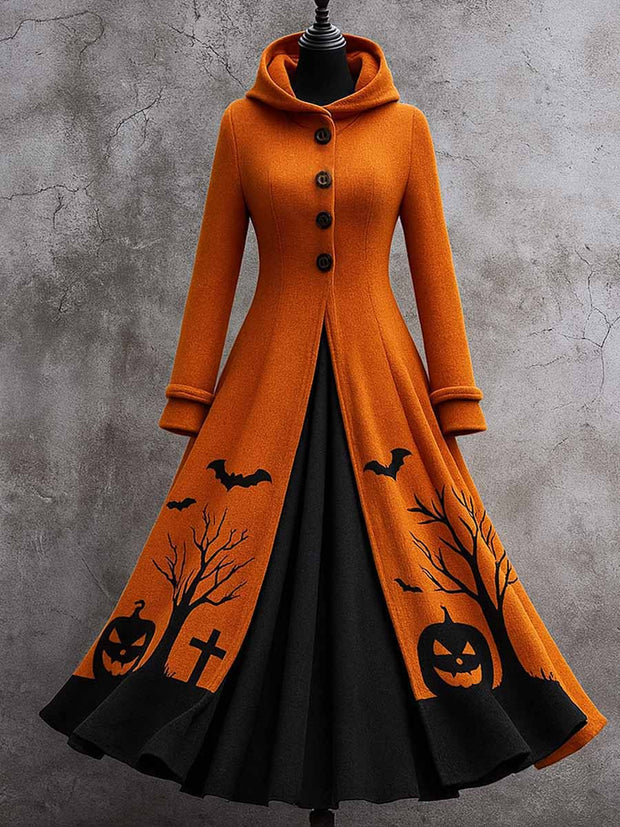Gothic Pumpkin Art Print Vintage Long Sleeve Hooded Maxi Dress