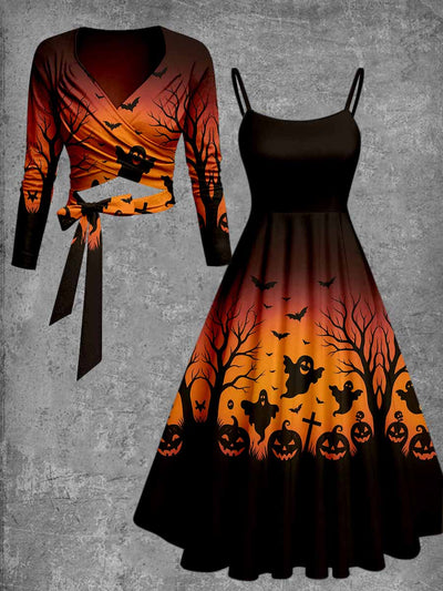 Halloween Art Print Vintage Long Sleeve Two-Piece Midi Dress