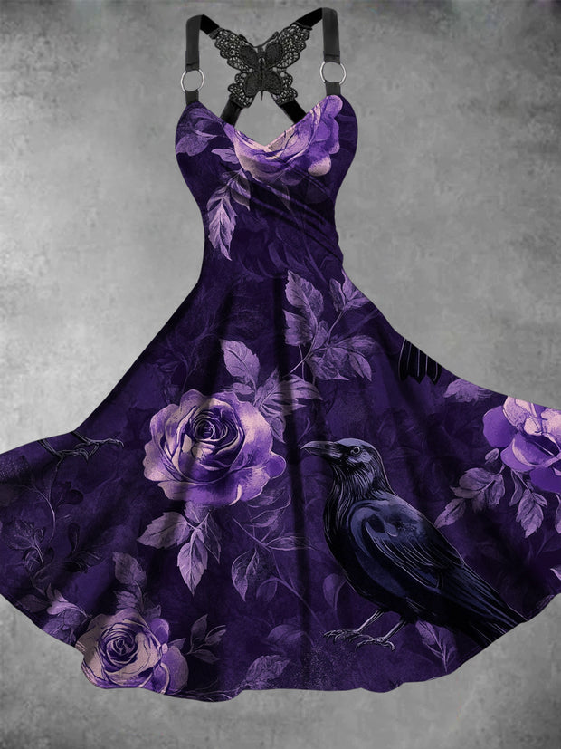 Retro Halloween Gothic Floral Art Printed Vintage V-Neck Pleated Butterfly Cross-Wrap Midi Dress
