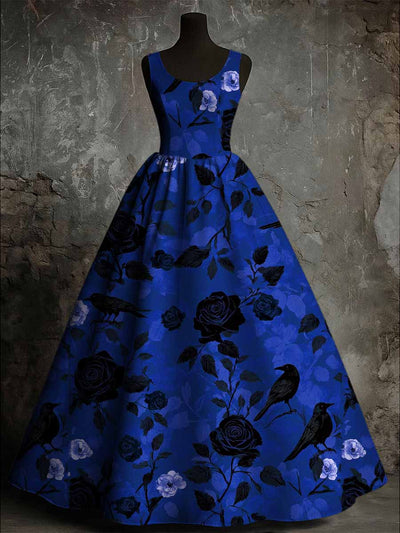 Gothic Crow Floral Art Print Vintage Round Neck Sleeveless Maxi Dress