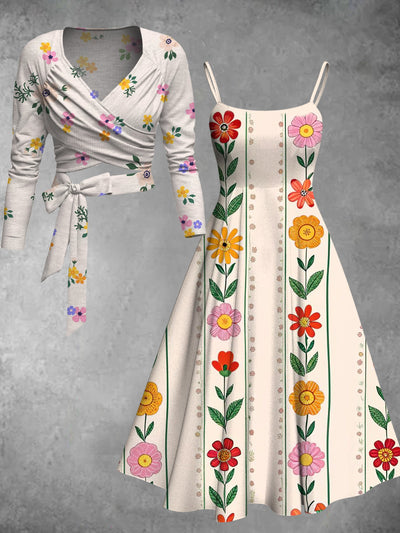 Retro Floral Art Printed Vintage Unique Slim Fit Cross Wrap Long Sleeve Two-Piece Midi Dress