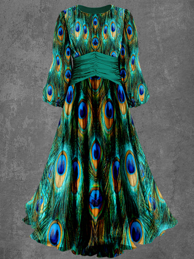 Peacock Art Printed Vintage Round Neck Long Sleeve Maxi Dress