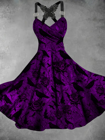 Retro Gothic Skull Floral Art Printed Vintage V-Neck Pleated Butterfly Cross-Wrap Midi Dress