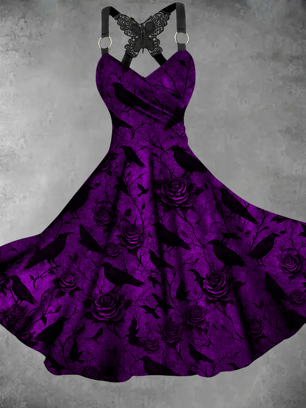 Retro Gothic Skull Floral Art Printed Vintage V-Neck Pleated Butterfly Cross-Wrap Midi Dress