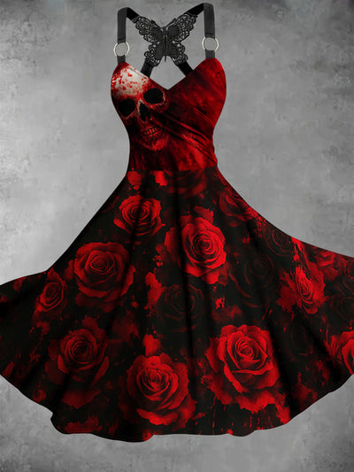 Retro Gothic Skull Floral Art Printed Vintage V-Neck Pleated Butterfly Cross-Wrap Midi Dress