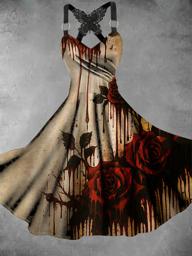 Gothic Blood Flower Art Print Vintage V-Neck Midi Dress
