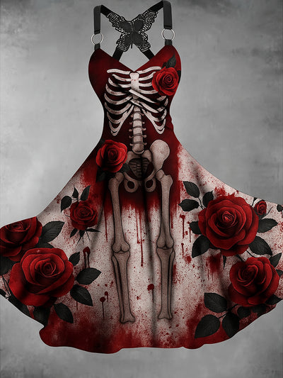 Retro Gothic Skull Floral Art Printed Vintage V-Neck Pleated Butterfly Cross-Wrap Midi Dress
