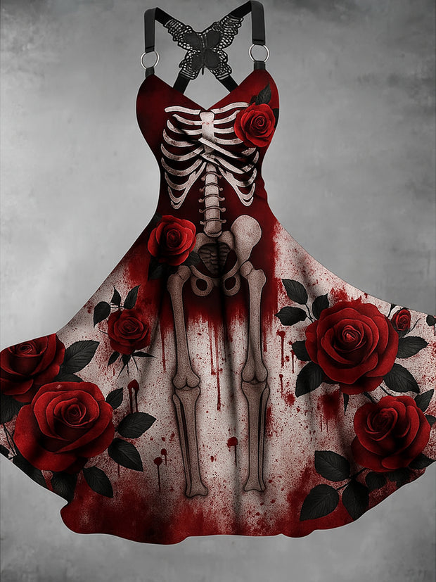 Retro Gothic Skull Floral Art Printed Vintage V-Neck Pleated Butterfly Cross-Wrap Midi Dress