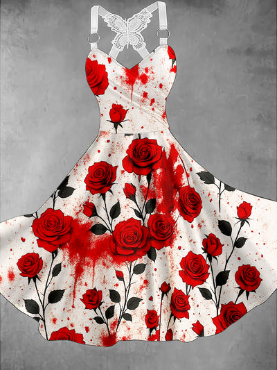 Retro Gothic Skull Floral Art Printed Vintage V-Neck Pleated Butterfly Cross-Wrap Midi Dress