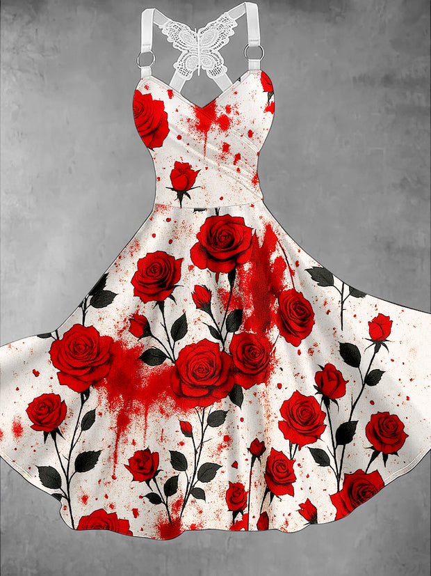 Retro Gothic Skull Floral Art Printed Vintage V-Neck Pleated Butterfly Cross-Wrap Midi Dress