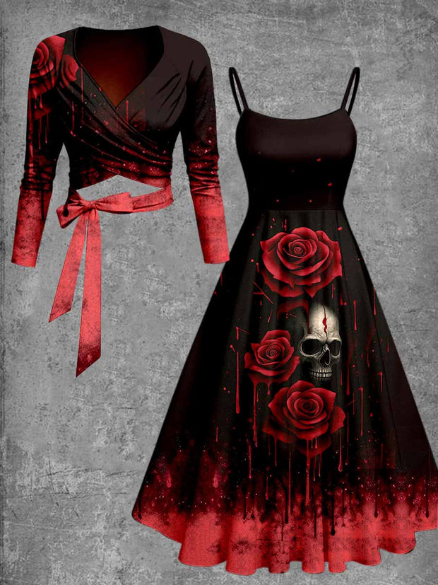 Gothic Floral Art Print Vintage Long Sleeve Two-Piece Midi Dress