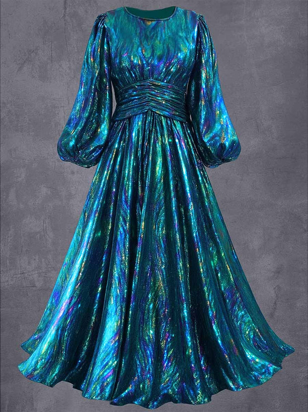 Solid Color Art Print Vintage Round Neck Long Sleeve Maxi Dress