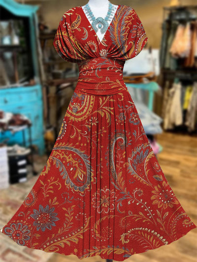 Retro Floral Art Printed Elegant V-Neck Vintage Batwing Short Sleeve Maxi Dress