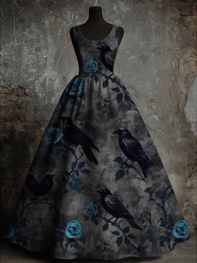Gothic Crow Floral Art Print Vintage Round Neck Sleeveless Maxi Dress