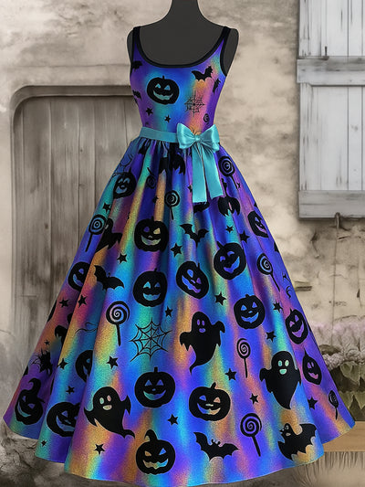 Retro Gothic Floral Art Print V-Neck Sleeveless Cotton Maxi Dress