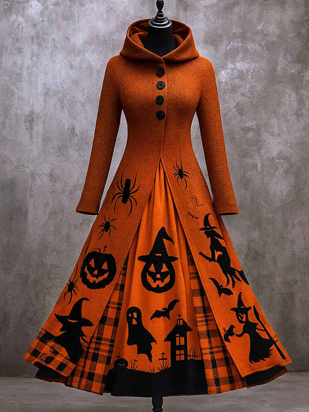 Gothic Pumpkin Art Print Vintage Long Sleeve Hooded Maxi Dress