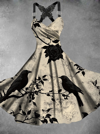 Retro Halloween Gothic Floral Art Printed Vintage V-Neck Pleated Butterfly Cross-Wrap Midi Dress