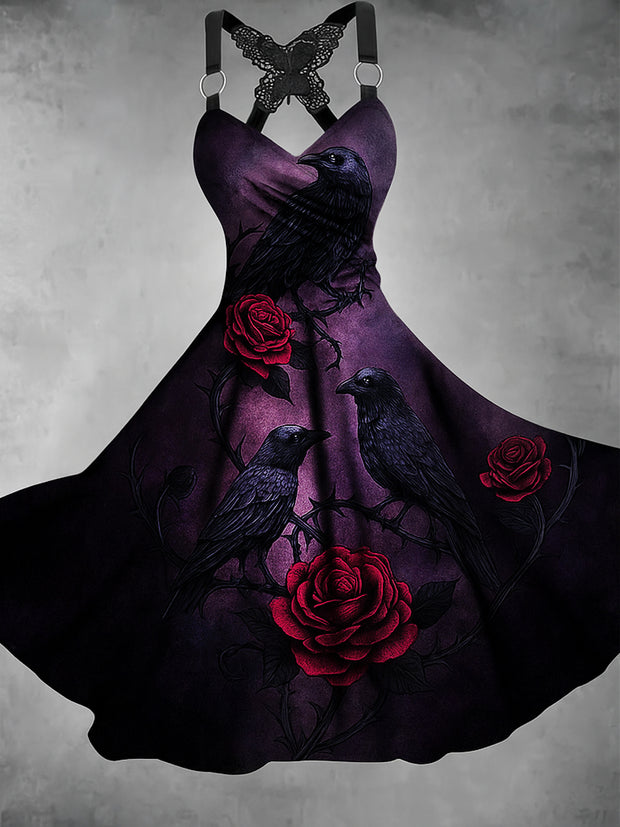 Gothic Raven Floral Art Print Vintage V-Neck Butterfly Cross-Wrap Midi Dress