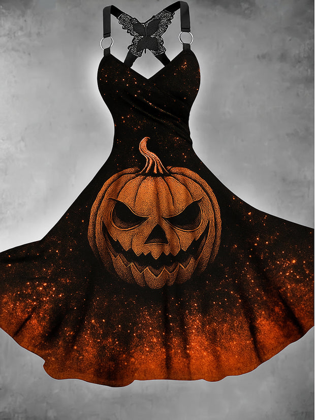 Gothic Pumpkin Art Print V-Neck Vintage Midi Dress