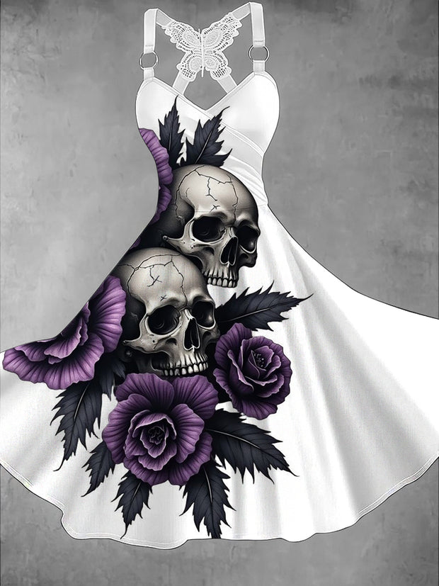 Gothic Skull Floral Art Print V-Neck Vintage Midi Dress