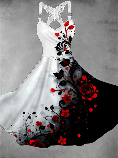 Gothic Floral Art Print V-Neck Vintage Midi Dress