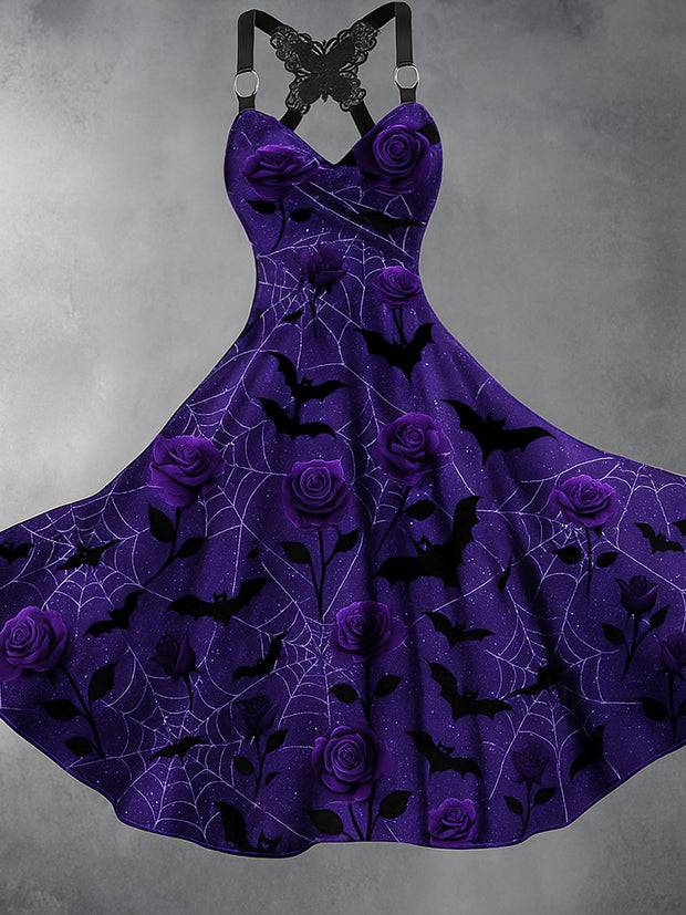 Gothic Floral Art Print Vintage V-Neck Short Sleeve Midi Dress