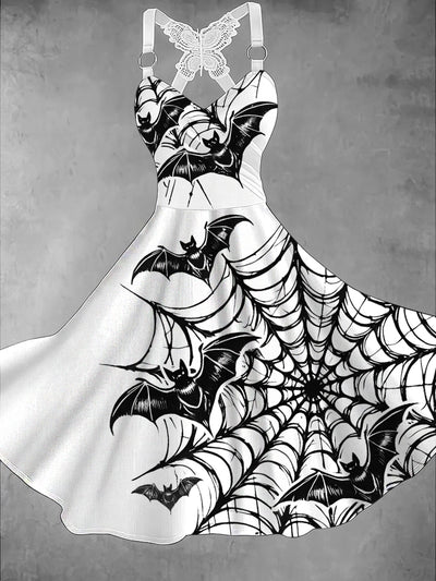 Gothic Bats Art Print Vintage V-Neck Midi Dress