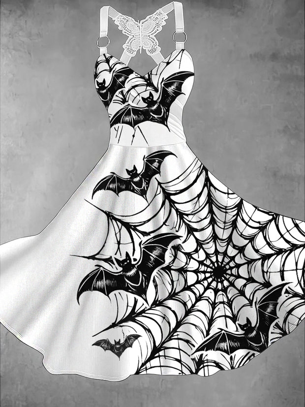 Gothic Bats Art Print Vintage V-Neck Midi Dress