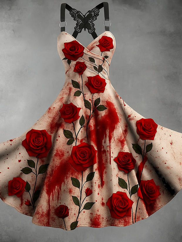 Retro Gothic Skull Floral Art Printed Vintage V-Neck Pleated Butterfly Cross-Wrap Midi Dress