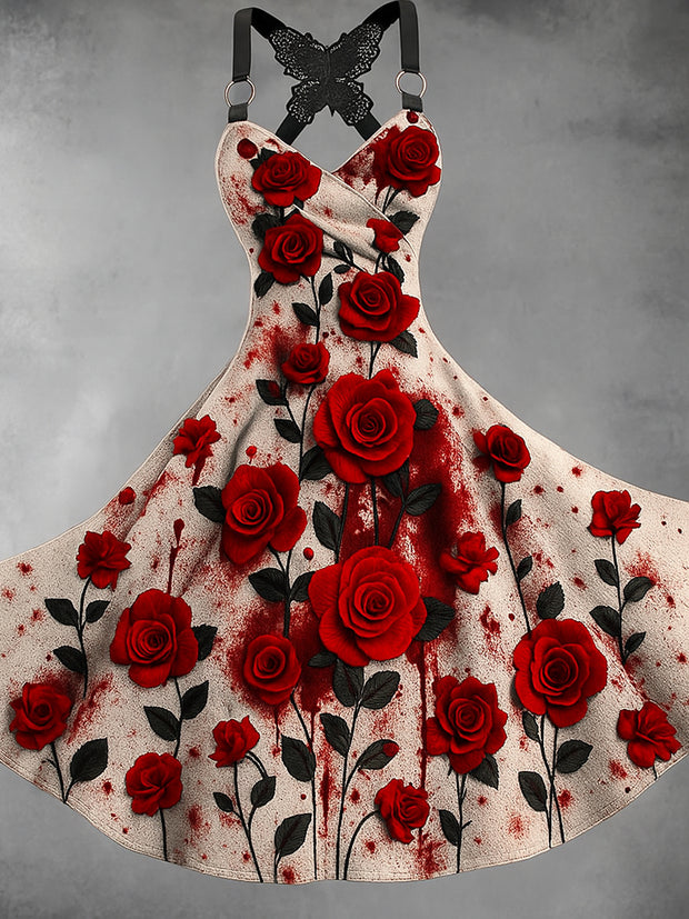 Retro Gothic Skull Floral Art Printed Vintage V-Neck Pleated Butterfly Cross-Wrap Midi Dress