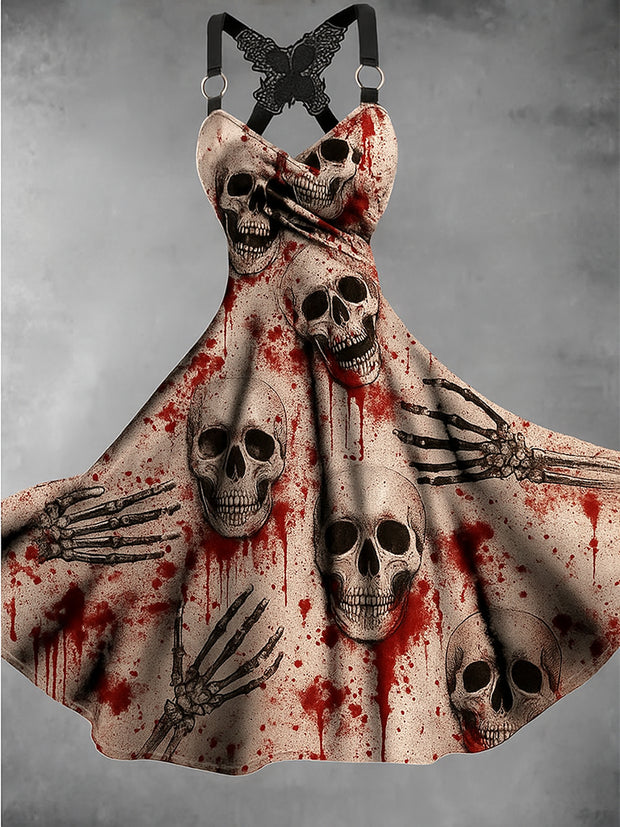 Retro Gothic Skull Floral Art Printed Vintage V-Neck Pleated Butterfly Cross-Wrap Midi Dress