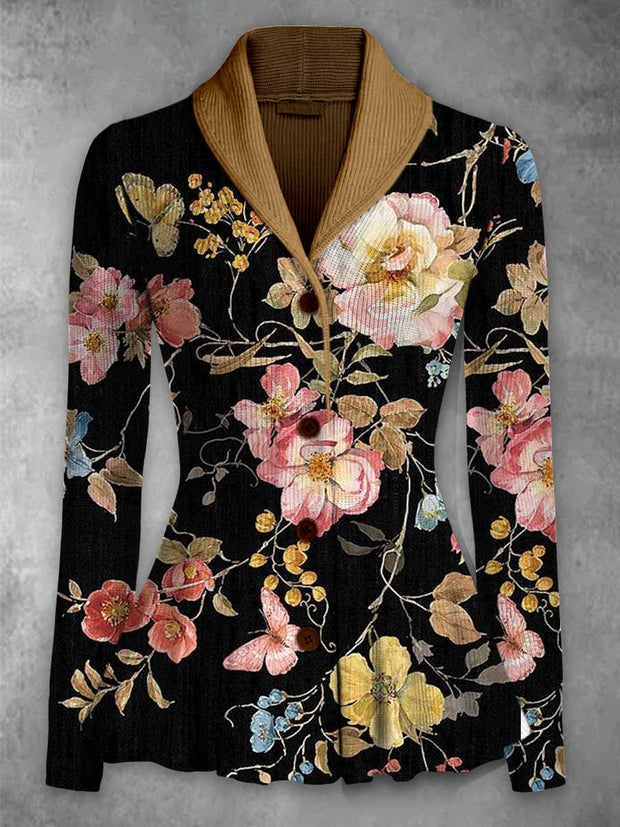 Retro Floral Art Printed Vintage Lapel V-Neck Long-Sleeved Button-up Cardigan Top
