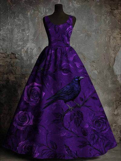 Gothic Crow Floral Art Print Vintage Round Neck Sleeveless Maxi Dress
