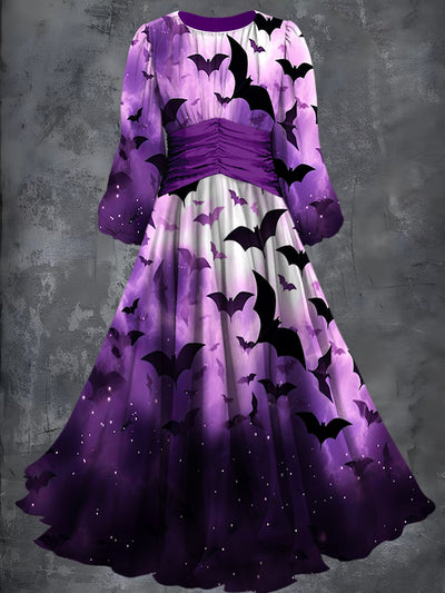 Gothic Bats Art Printed Vintage Round Neck Long Sleeve Maxi Dress