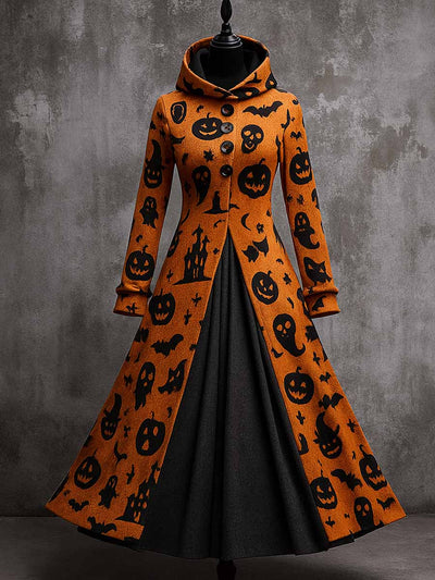 Gothic Pumpkin Art Print Vintage Long Sleeve Hooded Maxi Dress