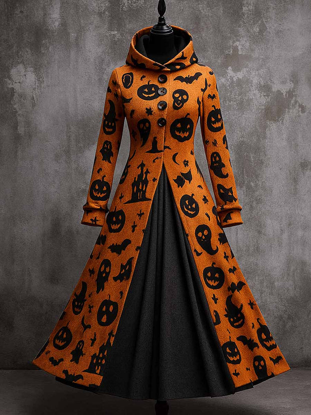 Gothic Pumpkin Art Print Vintage Long Sleeve Hooded Maxi Dress