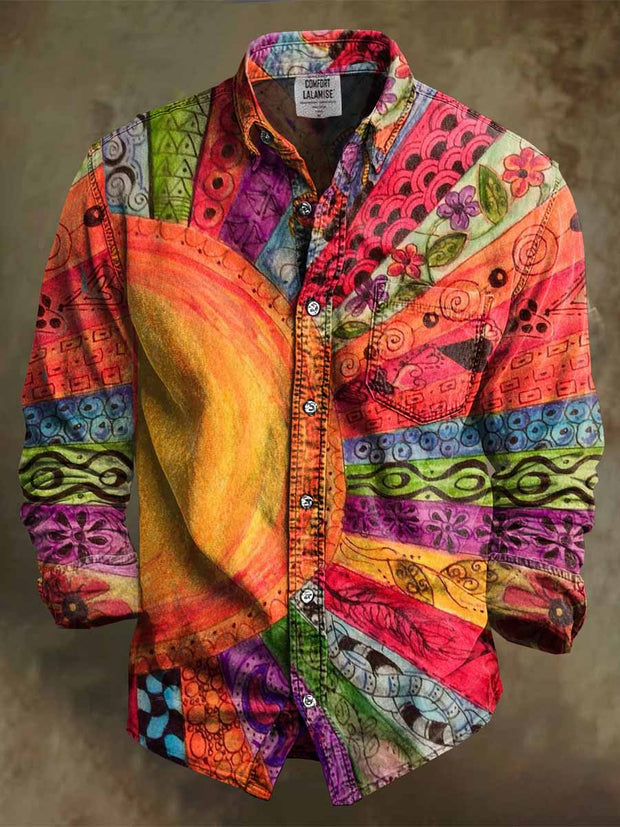 Retro Boho Art Abstract Printed Cotton Vintage Casual Cotton Long Sleeve Shirt