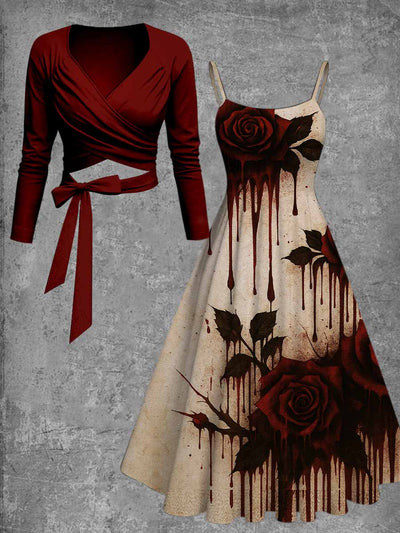 Gothic Floral Art Print Vintage Long Sleeve Two-Piece Midi Dress