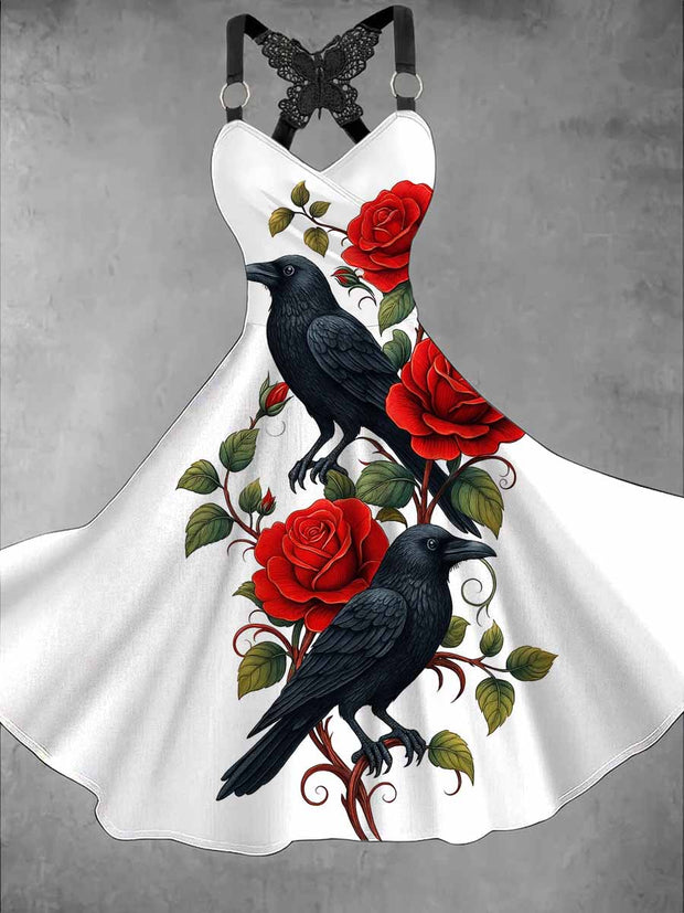 Retro Crow Floral Art Printed Vintage V-Neck Pleated Butterfly Cross-Wrap Midi Dress
