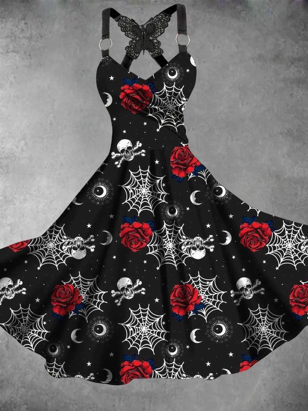 Retro Halloween Gothic Floral Art Printed Vintage V-Neck Pleated Butterfly Cross-Wrap Midi Dress
