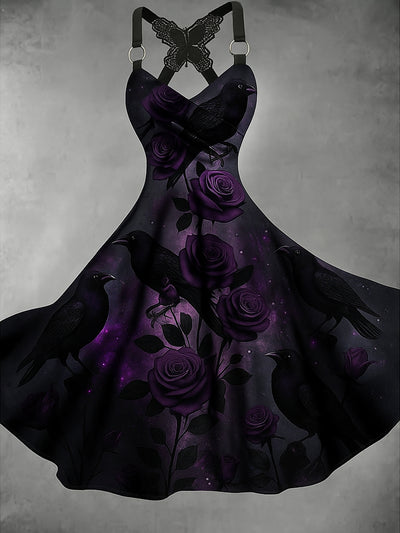 Gothic Raven Floral Art Print Vintage V-Neck Butterfly Cross-Wrap Midi Dress