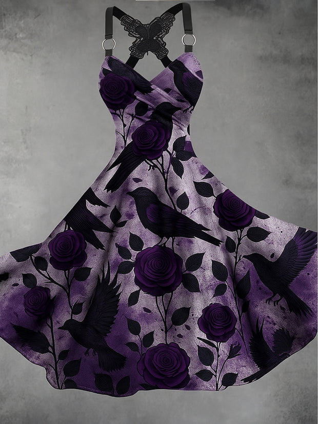 Gothic Crow Floral Art Print V-Neck Vintage Midi Dress