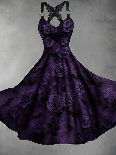 Gothic Floral Art Print V-Neck Vintage Midi Dress
