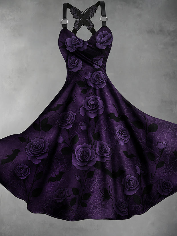 Gothic Floral Art Print V-Neck Vintage Midi Dress